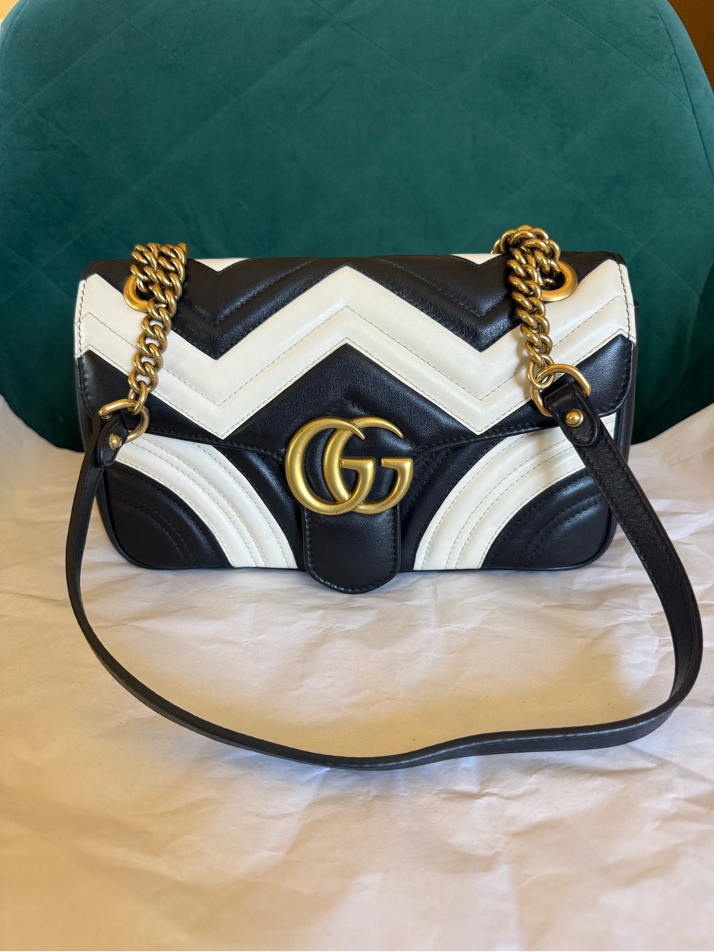 Gucci Black & White Chevron Shoulder Bag with Gold GG Hardware